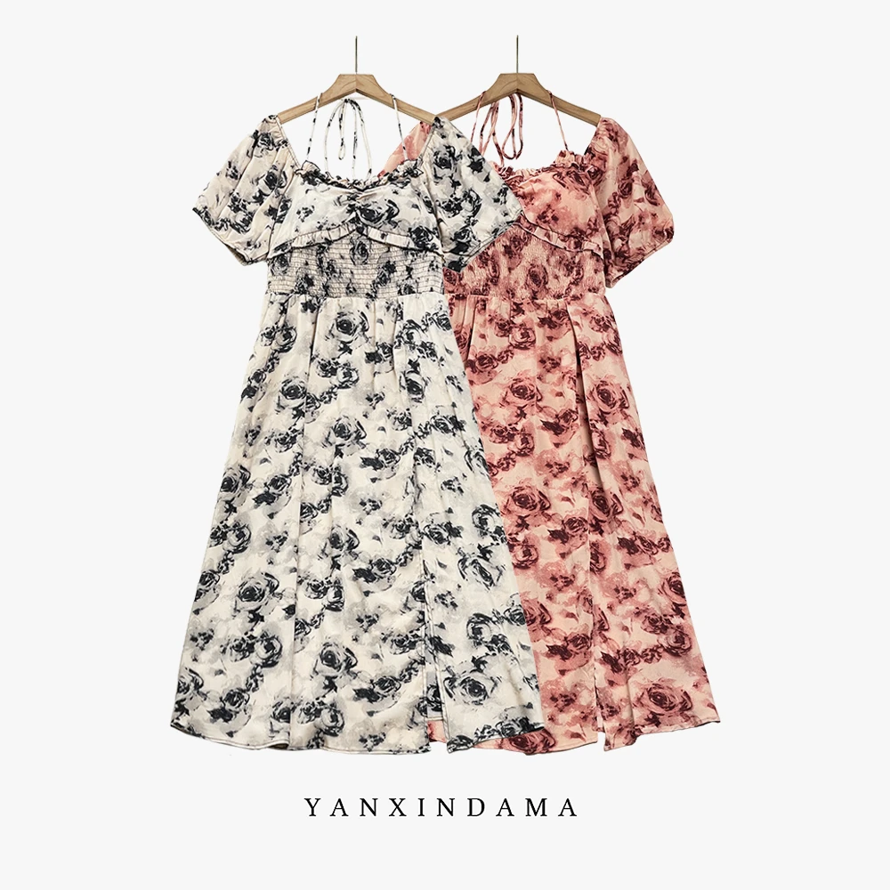 大码女装300斤胖MM小众设计感一字领开叉碎花收腰连衣裙63863