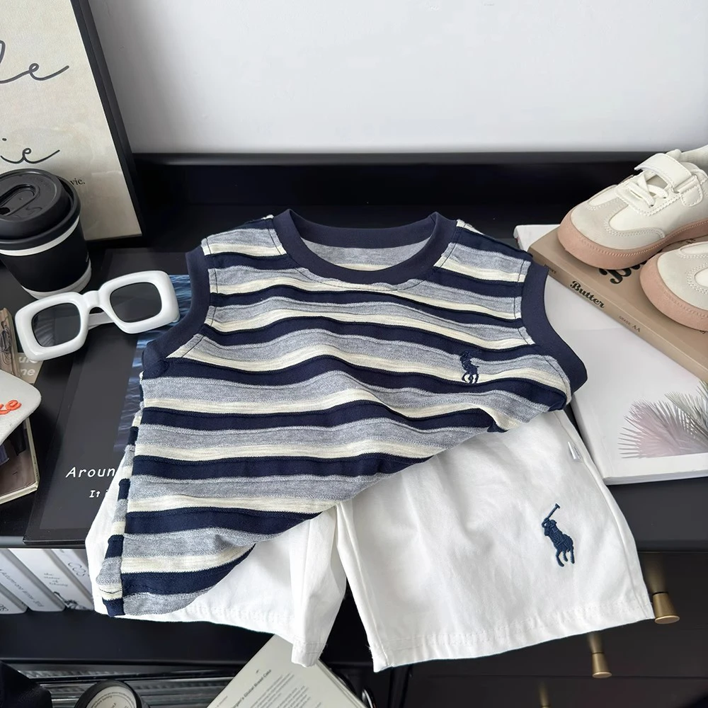 儿童背心无袖夏季薄款男童女童藏青条纹上衣宝宝休闲短裤两件套潮