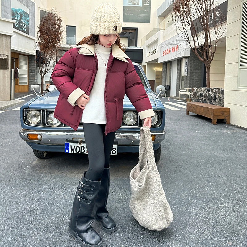 女大童冬款加绒加厚款休闲风小羊皮棉服棉袄保暖短款加厚宽松