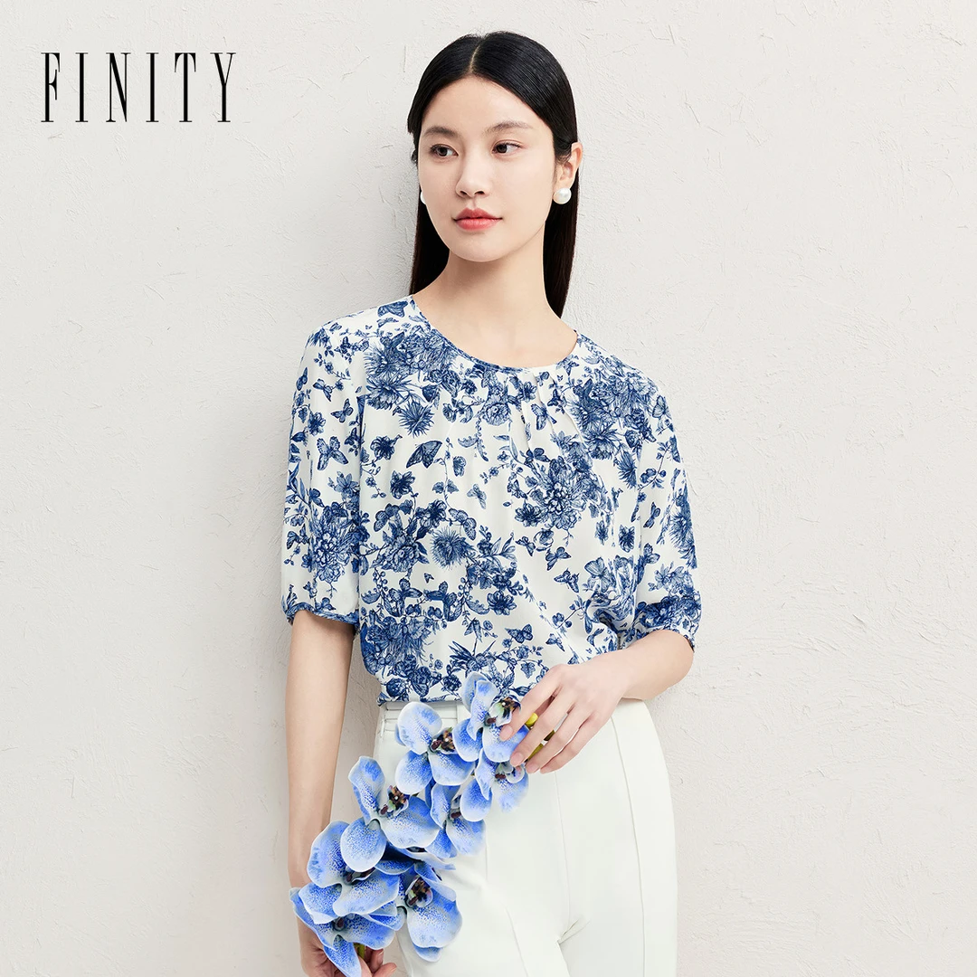 FINITY菲妮迪新款100%桑蚕丝碎花时尚休闲宽松印花气质休闲显瘦