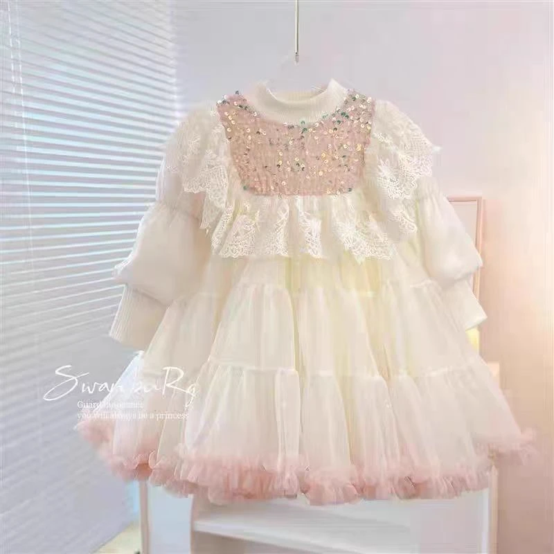 连衣裙秋冬冬季女纯色纱裙蕾丝童装加绒洋气女童裙子宝宝