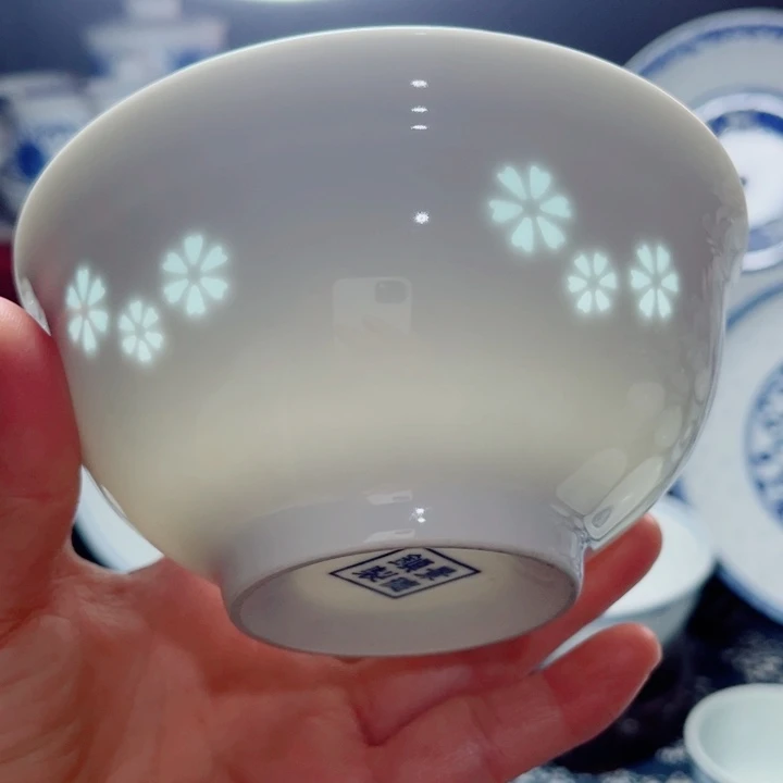 青花玲珑5寸饭碗三星花素玲珑