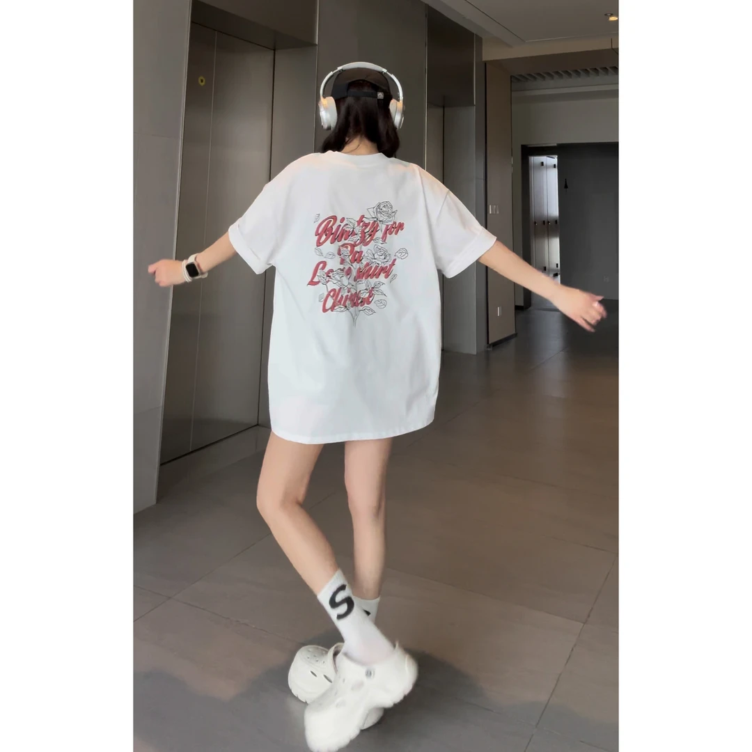 美式纯棉设计感短袖t恤女夏季中长款宽松半袖上衣ins潮印花韩版