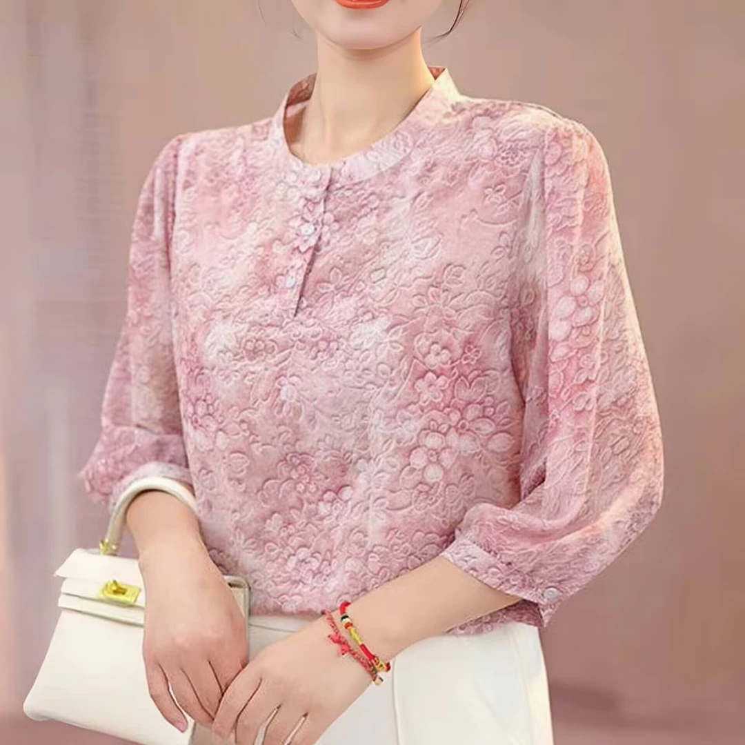 【洒银工艺】夏季七分袖冰丝衬衫宽松大码小衫胖mm遮肚显瘦防晒上衣