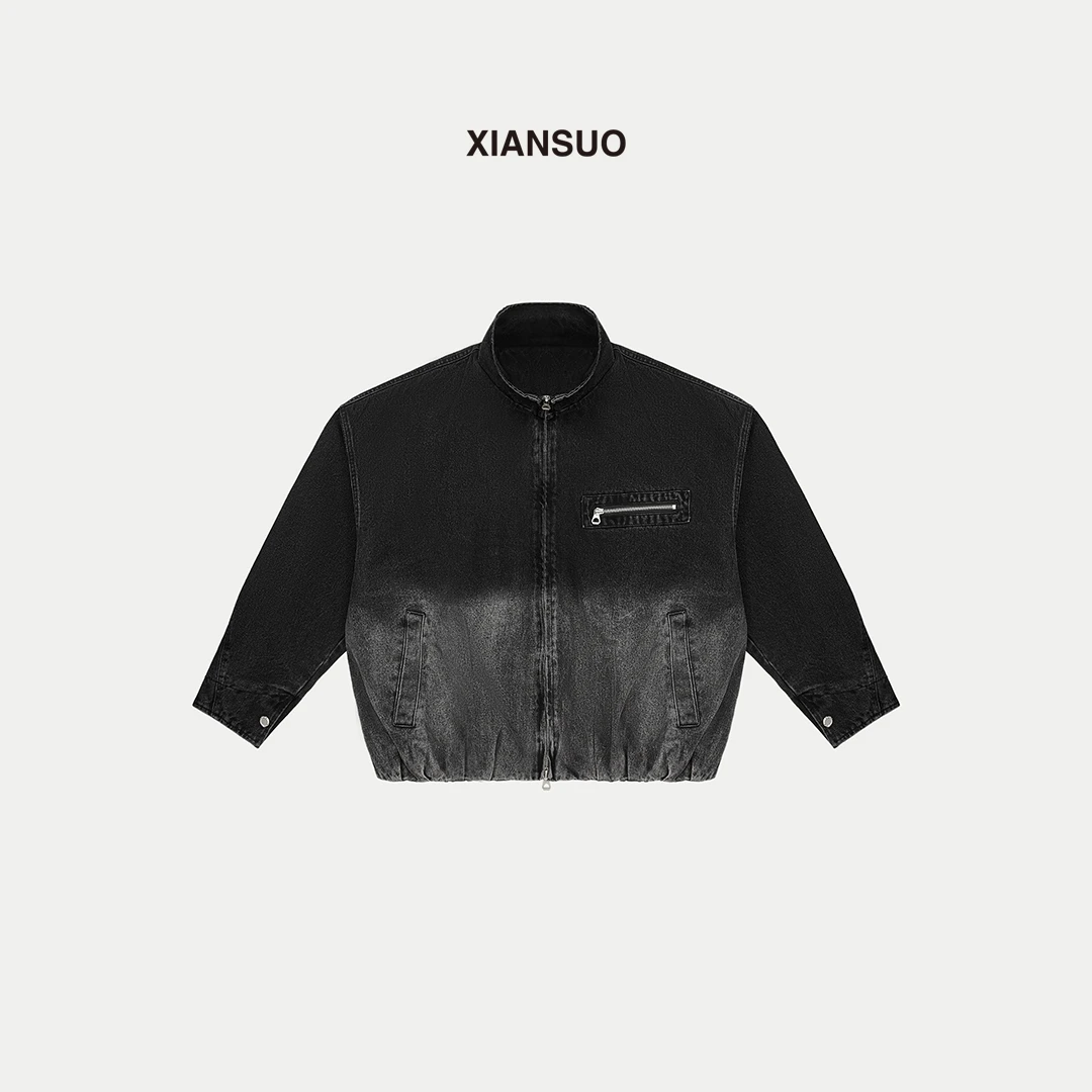 XIANSUO/缐鎖渐变立领水洗做旧慵懒风牛仔夹克夹克春秋复古上衣