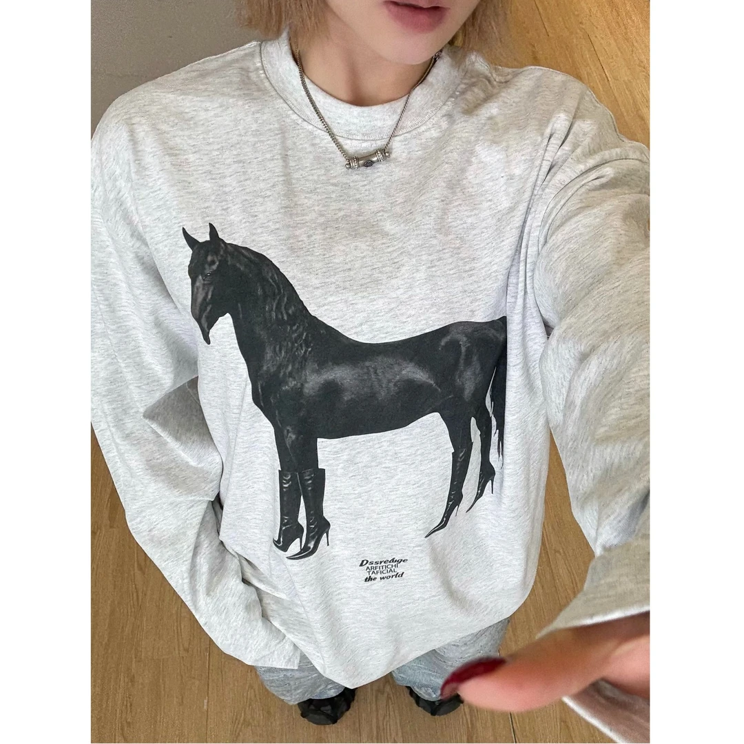 【皆是黑马】美式休闲设计感小领口宽松字母印花长袖T恤hiphop涂鸦