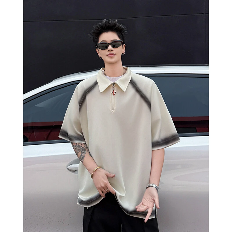 夏季2025新款美式高街ins风复古拼色做旧POLO衫短袖T恤男潮牌上衣