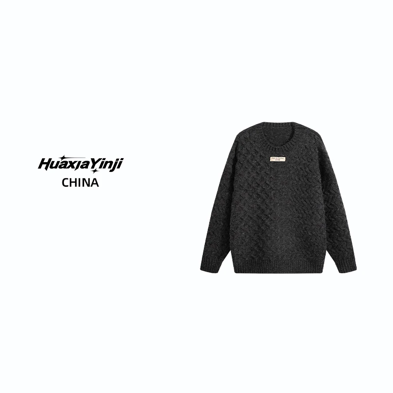 HUAXIAYINJI毛衣男复古粗毛线麻花纯色基础圆领套头针织衫外套