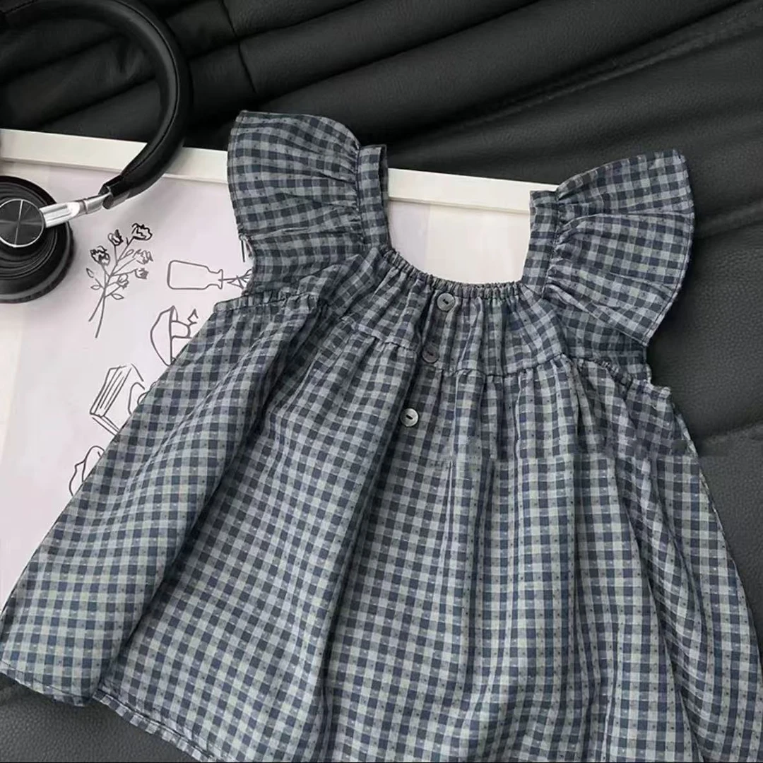 2025儿童俏皮小飞袖格纹透气棉麻背心娃娃衫女童上衣