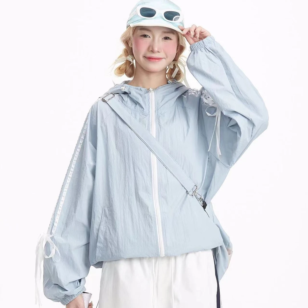 日系宽松甜美少女轻薄透气连帽防晒衣外套夏季速干条纹蝴蝶结女