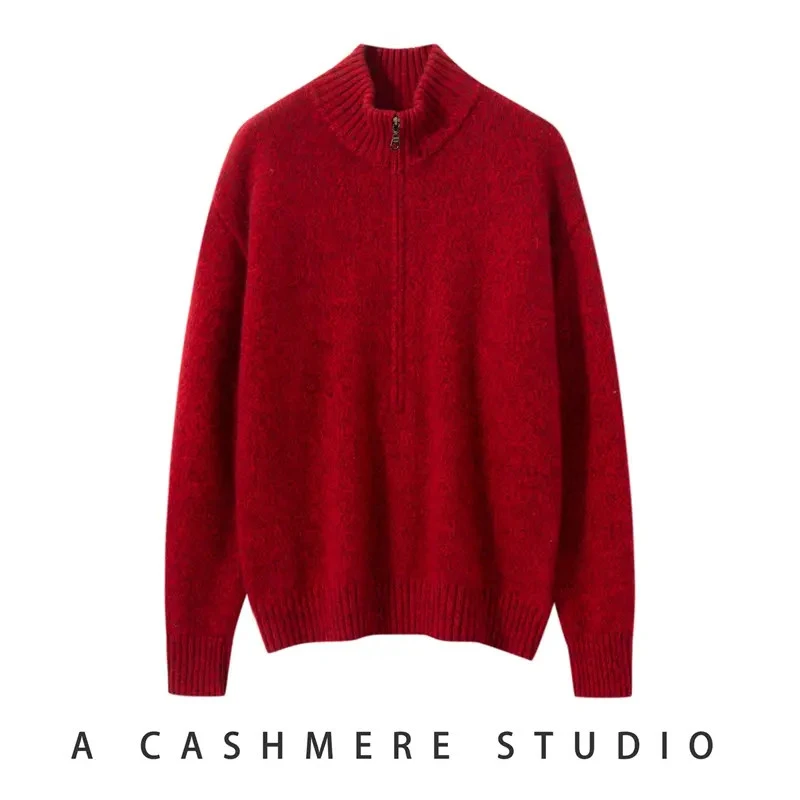 【心尖货】纯山羊绒针织衫女5针3股加厚半拉链半高领套头衫花纱