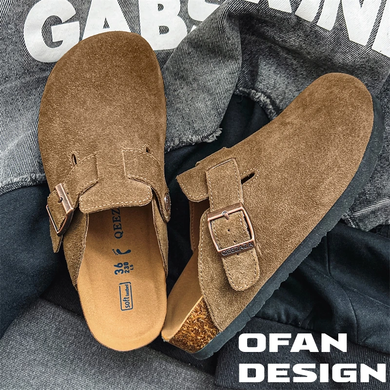 小众牛皮勃肯鞋男女款夏季外穿复古翻毛包头拖鞋厚底穆勒鞋子舒适