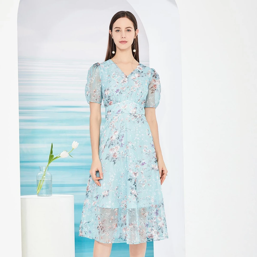 dunnu敦奴印花V领收腰修身短袖长款雪纺连衣裙蓝色时尚