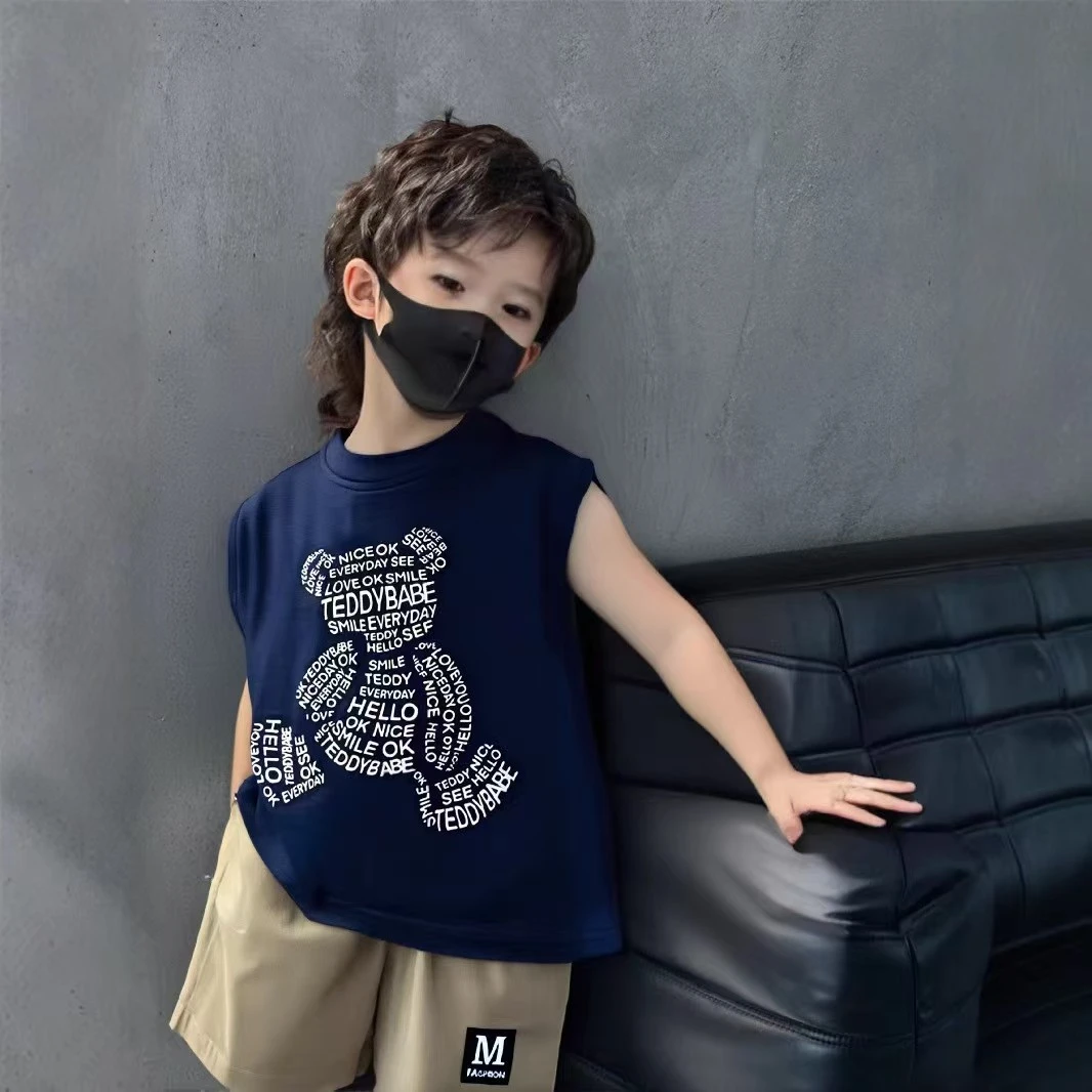 儿童新款夏季韩版无袖套装男童卡通字母背心短裤宝宝休闲两件套潮