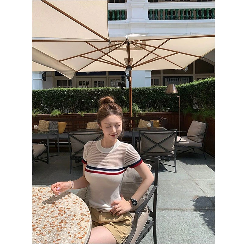 【英高夏令时】夏季新款高级感半透明条纹短袖针织衫配工装短裤套装