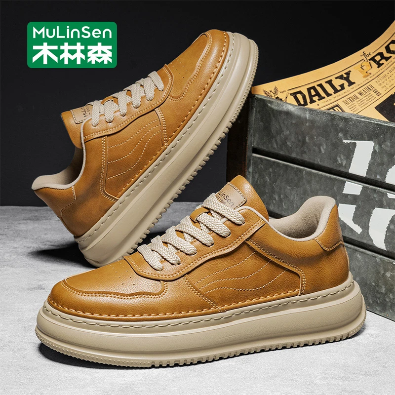 木林森男鞋2025年新款秋季皮面百搭运动厚底防滑增高男士休闲板鞋
