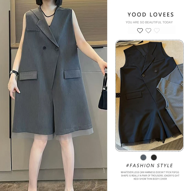 V领下摆拼纱连体裤2025夏季新款设计感洋气显瘦百搭无袖连体衣女