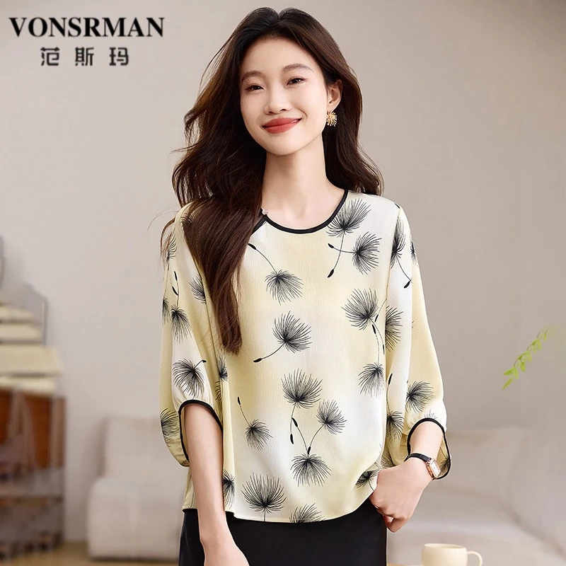 时尚夏季薄款宽松套头小衫洋气印花设计七分袖衬衫上衣休闲百搭