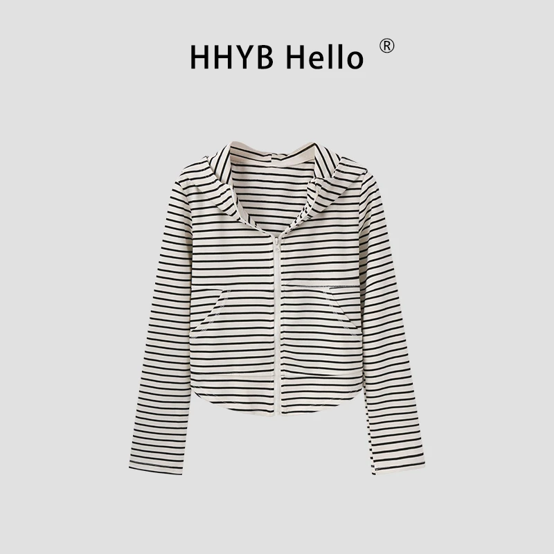 HHYB Hello美式复古条纹连帽外套2025秋季新款短款外搭上衣250742