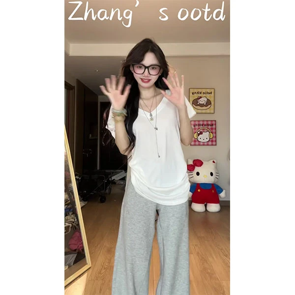 灰色慵懒防晒长袖开衫外套短袖T恤女秋季套装休闲裤时尚三件套