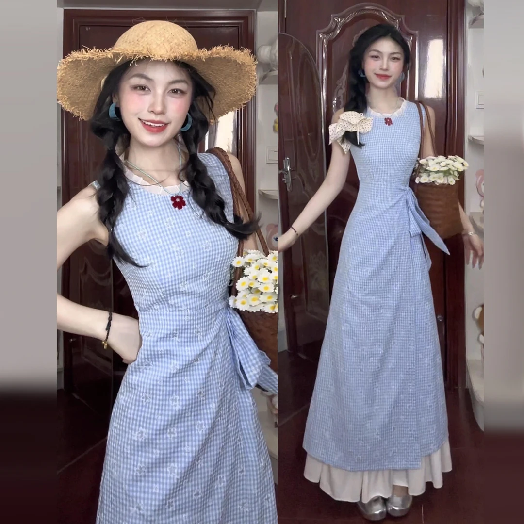 法式掐腰蓝色格子背心连衣裙子女夏季2025无袖海边度假沙滩裙5261