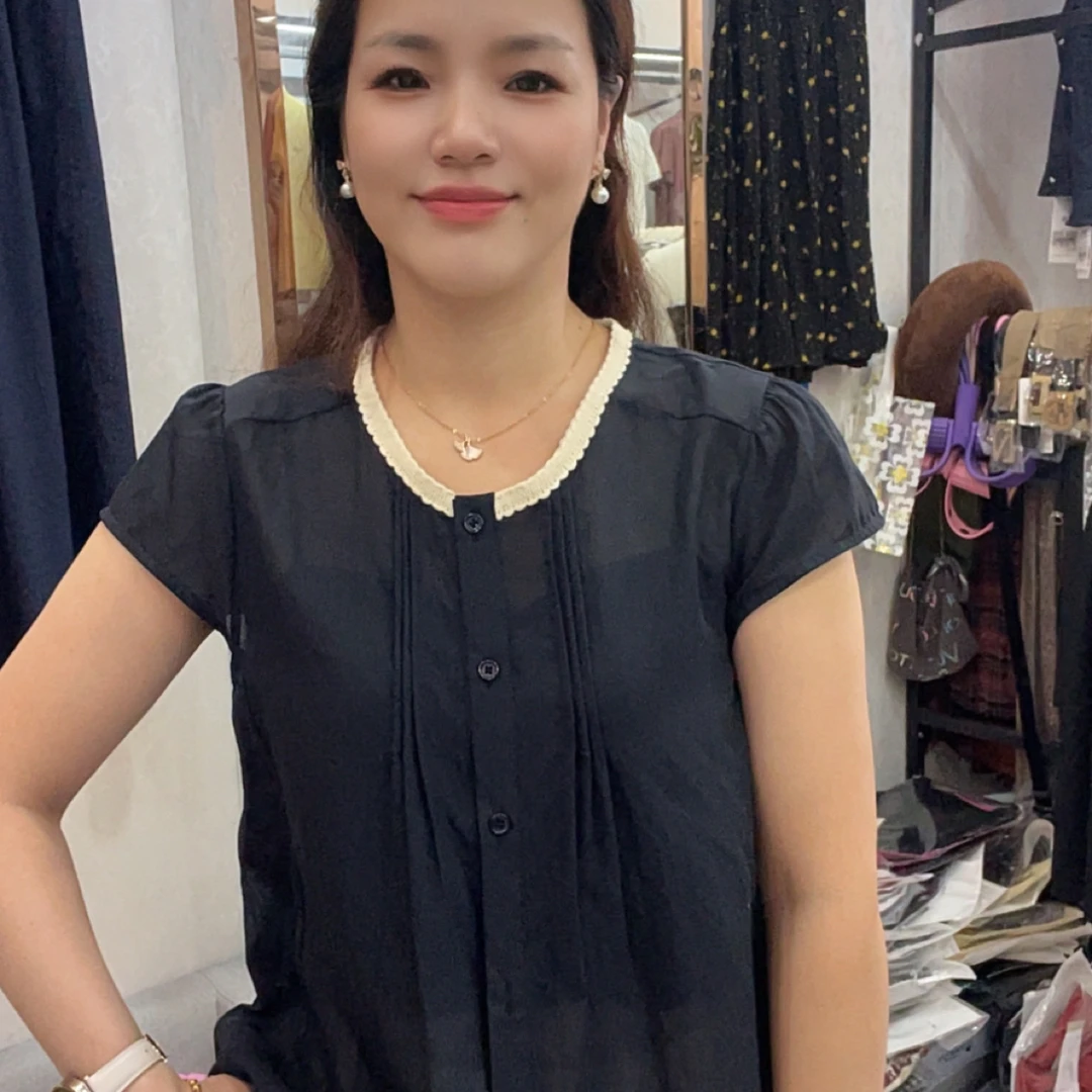 夏季新款时尚拼色圆领短袖褶皱苎麻衬衫女宽松百搭通勤