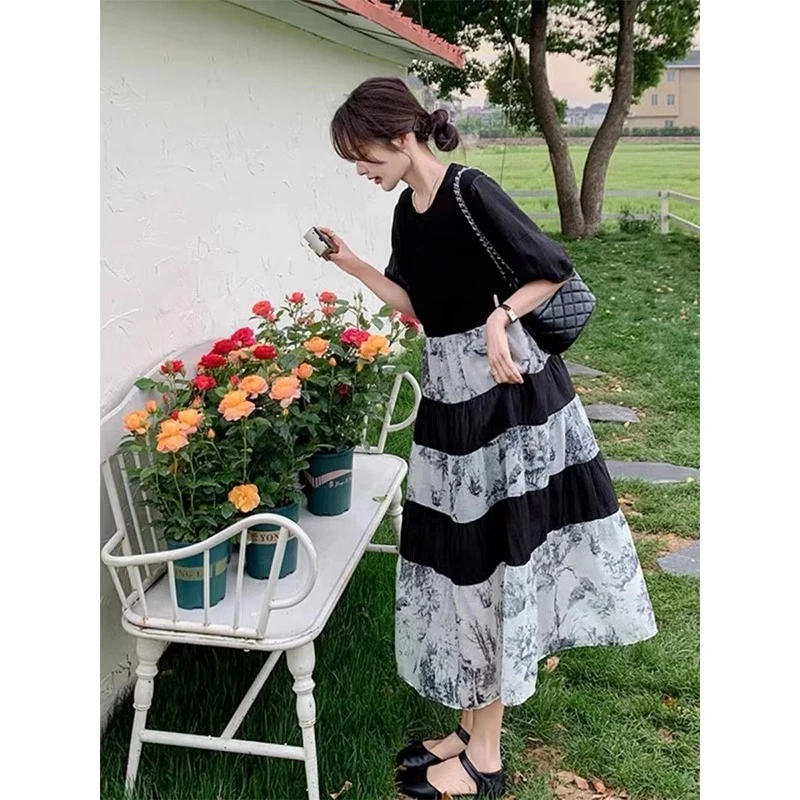 特大码300斤气质国风水墨印花拼接连衣裙夏季新款高级感遮肉长裙