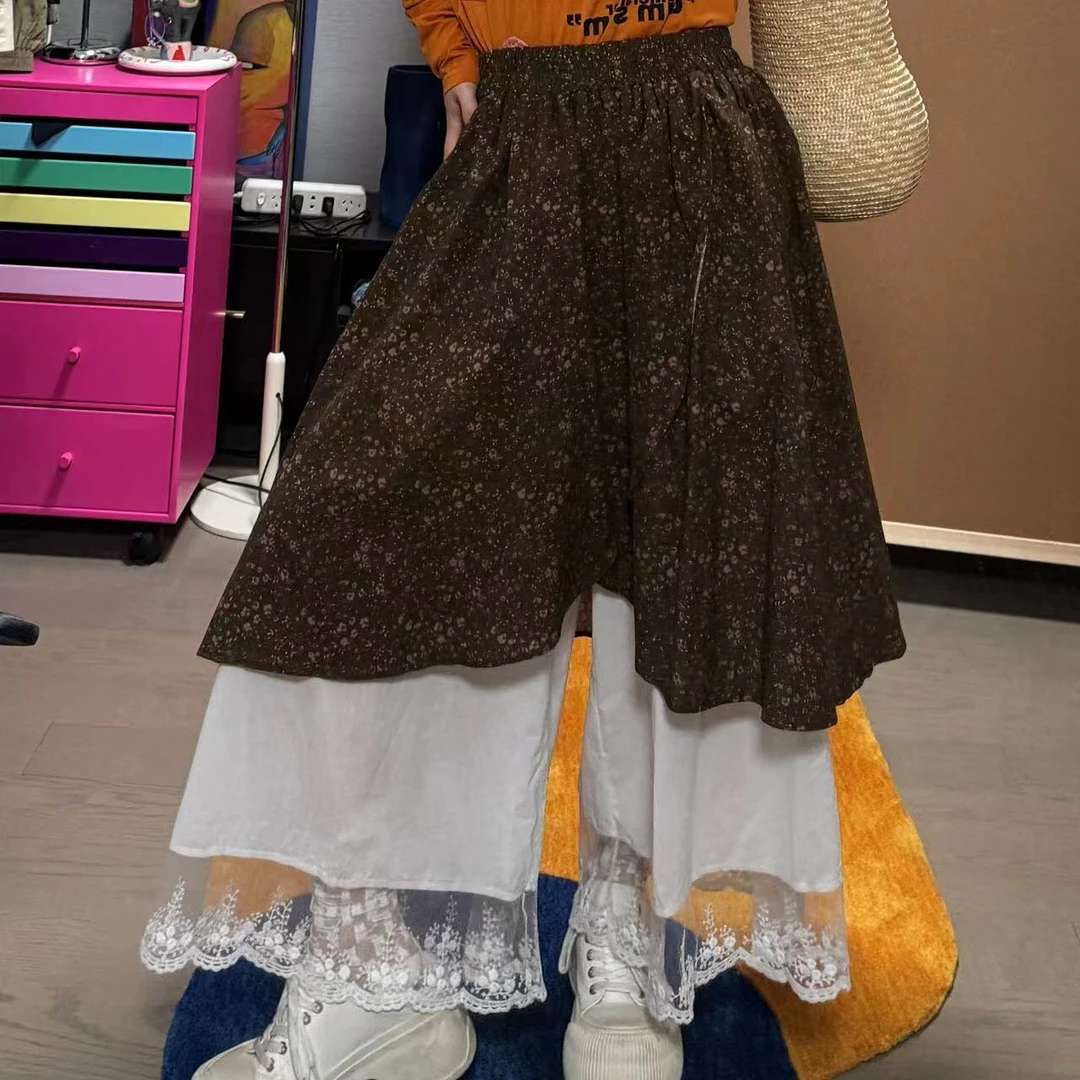 复古碎花拼接裙裤