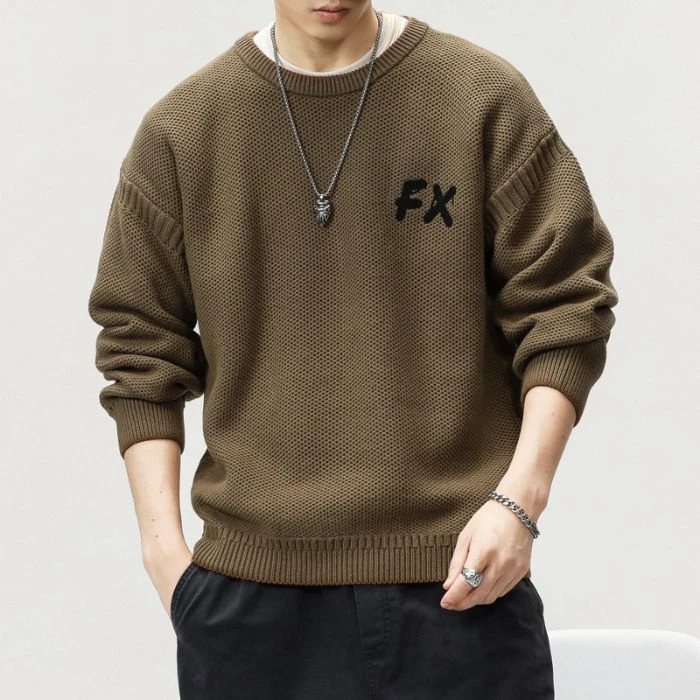美式加厚秋冬长袖圆领针织衫华夫格冬季男士时尚宽松休闲毛衣冬季