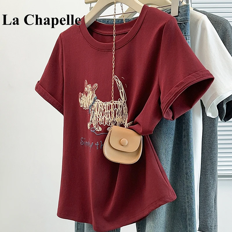 拉夏贝尔大码胖mm卡通印花设计感正肩短袖T恤女夏季显瘦上衣遮肚