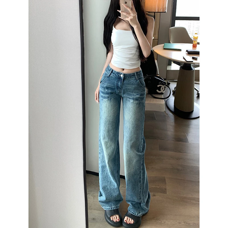 美式辣妹低腰窄版直筒裤女夏季新款水洗裂纹显瘦显腿直休闲长裤子