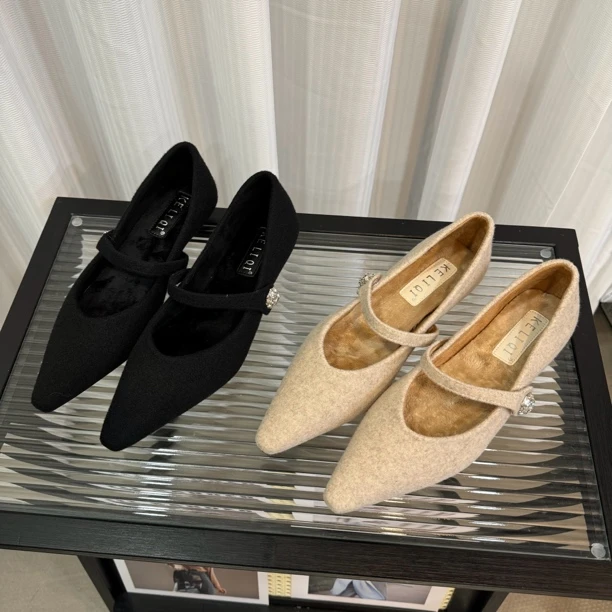 2024秋冬单鞋尖头时尚百搭高跟粗跟软底低跟网红气质浅口中跟