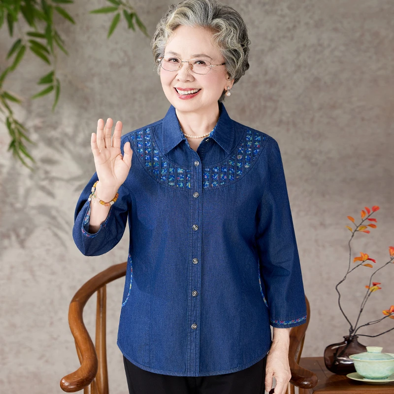 奶奶夏装纯棉衬衫七分袖上衣中老年人妈妈夏季全棉宽松衬衣老太太