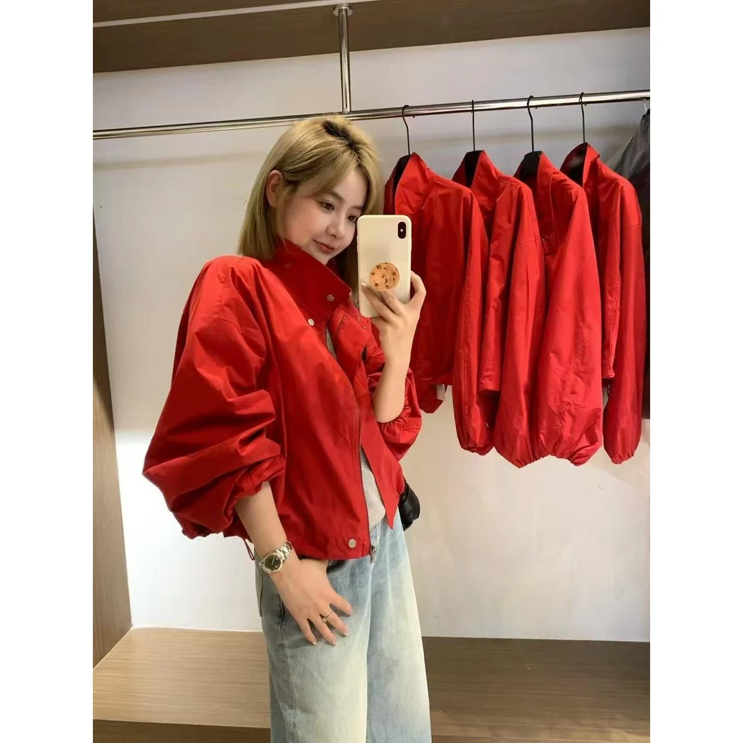 欧货2025春季新款高领宽松抽绳宽松户外小个子冲锋衣短出游服装女