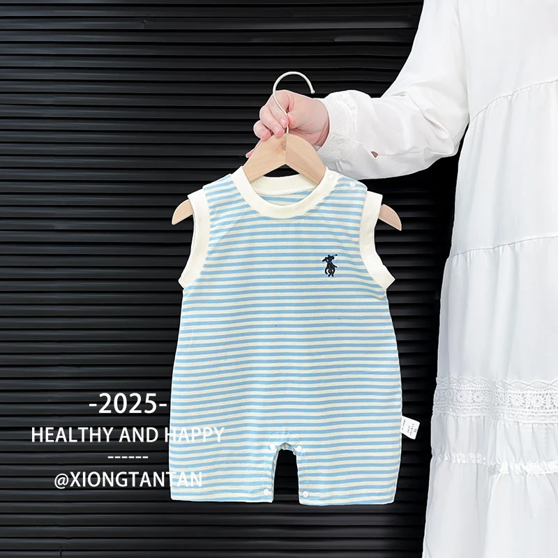婴儿夏天衣服无袖背心连体衣夏季薄款宝宝外出服超萌满月哈衣爬服