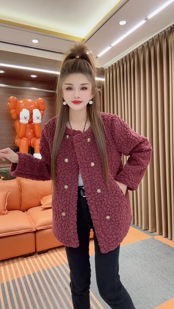 2025秋冬新款双排扣仿羊羔毛外套颗粒绒韩版时尚中长款宽松外套