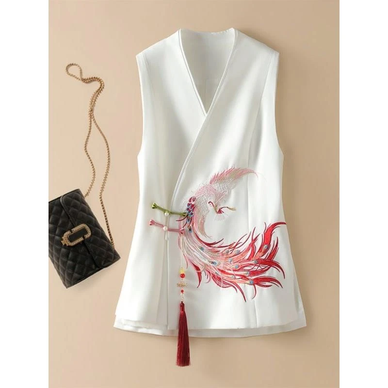 中式国风设计感西装马甲女2025秋季新款凤凰刺绣白色坎肩气质马夹