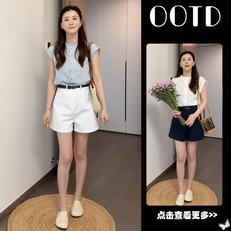 超火夏季穿搭一整套女2025新款韩版飞飞袖衬衫高腰阔腿短裤两件套