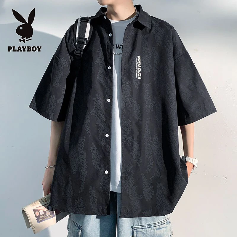 花花公子短袖衬衫男士2025年夏季宽松潮牌情侣外套日系翻领薄衬衣