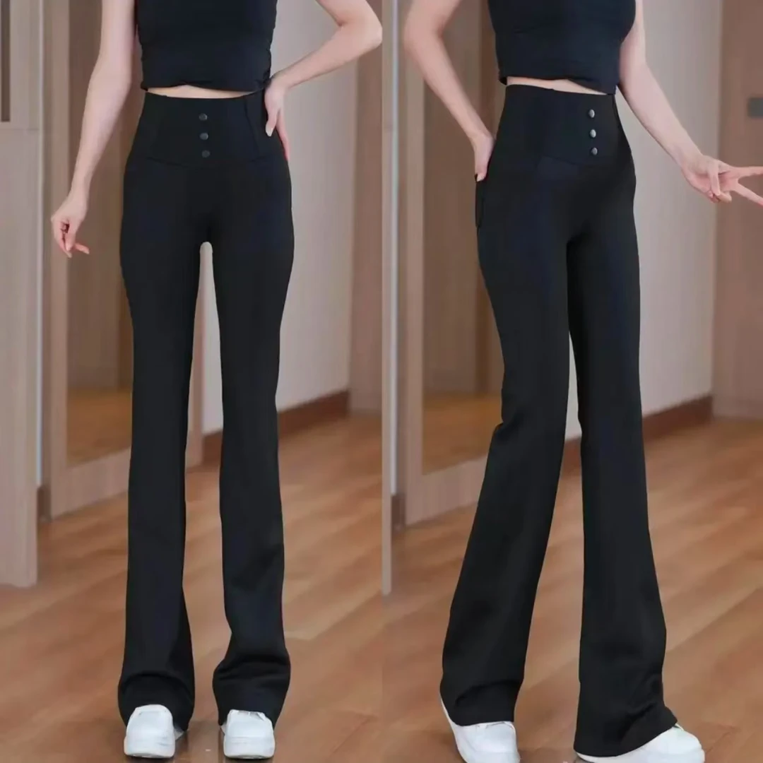 升级前后口袋春夏新款2025外穿鲨鱼微喇裤弹力高腰显瘦大码休闲裤