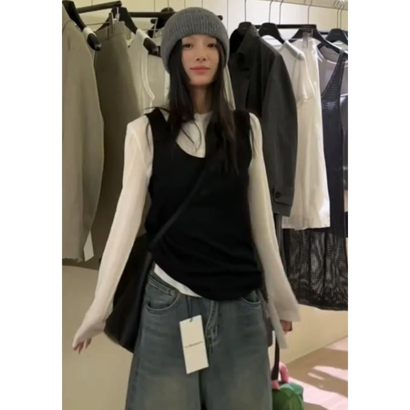 早秋新款休闲百搭长袖打底衫黑色气质马甲上衣高腰修身宽松牛仔裤