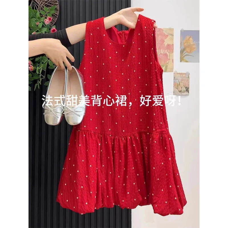 时尚红色波点背心连衣裙女夏季新款轻奢漂亮独特气质显瘦碎花短裙