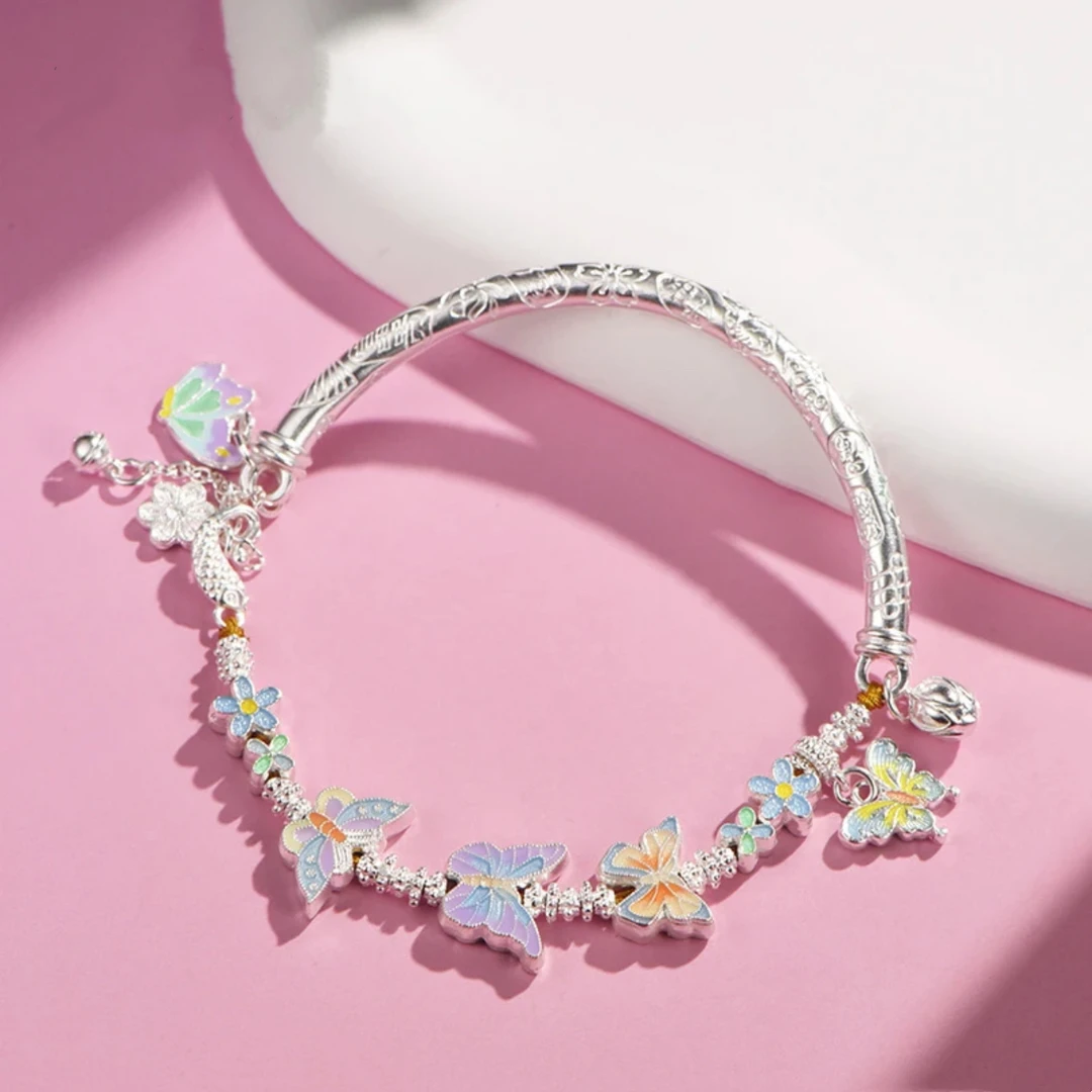 足银手链 银手链足银999.9半镯半链彩色蝴蝶银手镯女国潮手工实心