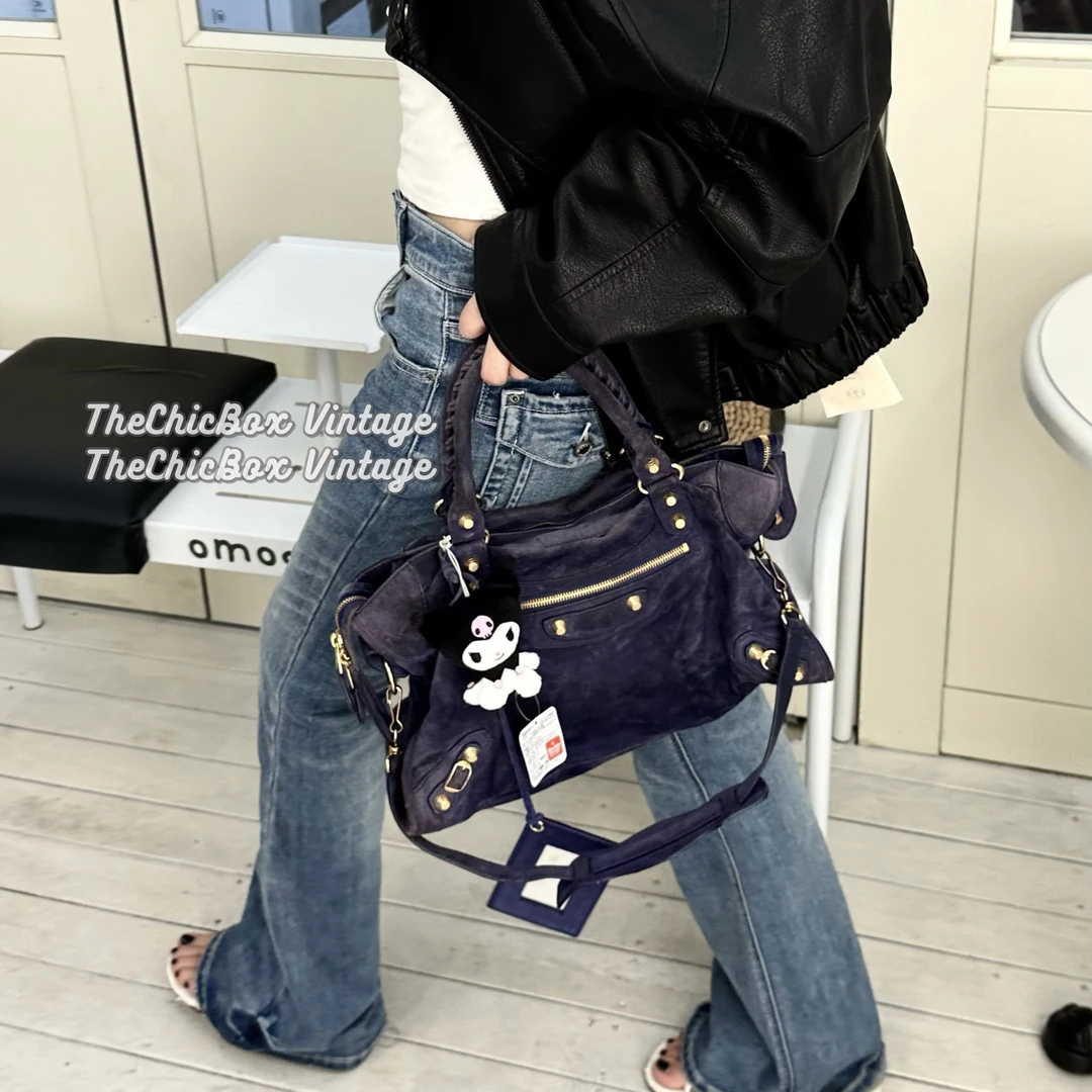 95新 Balenciaga/巴黎世家 只盒/中古紫色麂皮菠萝钉中号机车包