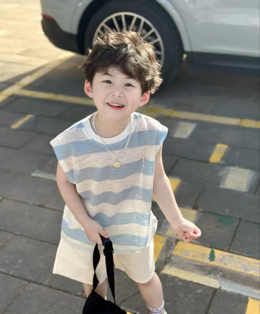 【亲子款】男童中大童夏季条纹透气无袖背心儿童蓝色清爽百搭轻薄