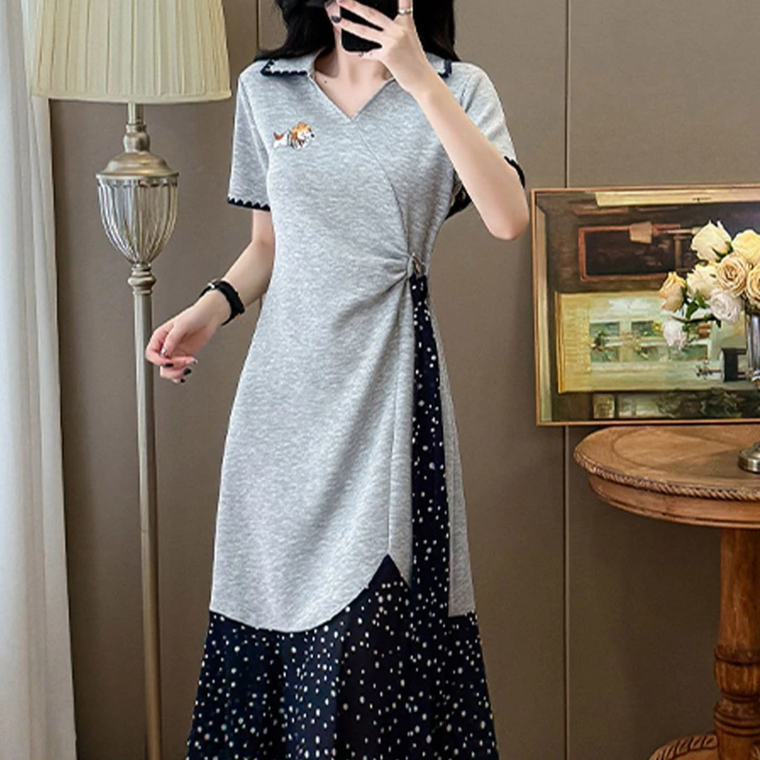 不规则波点拼接刺绣连衣裙女夏季韩系收腰显瘦遮肉中长款恤裙子连