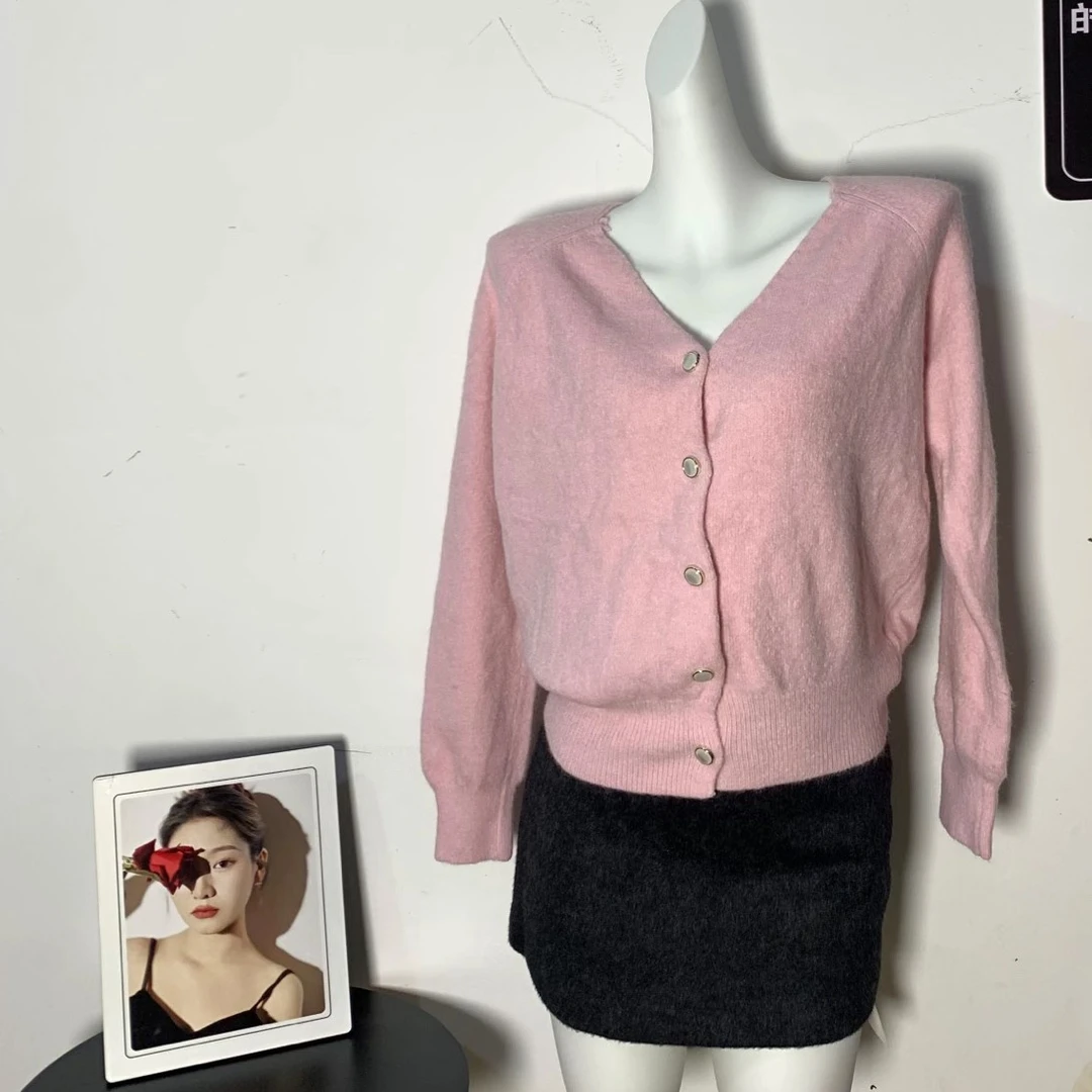 咖色V领针织开衫女秋冬慵懒风宽松显瘦百搭毛衣外套外穿上衣