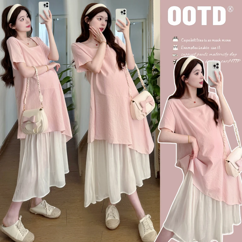 孕妇装2025夏季新品时尚方领少女感假两件中长款连衣裙外穿甜美