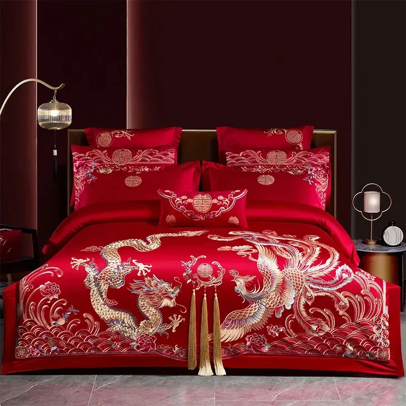 富安娜200s纯棉结婚四件套大红全棉婚庆龙凤刺绣出嫁新房嫁妆喜被