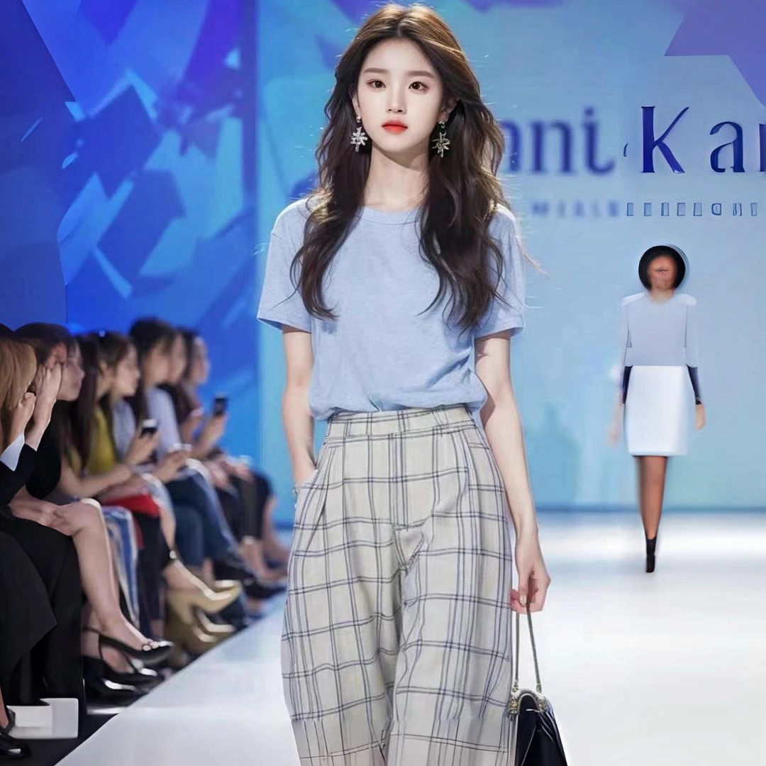 318走秀款 夏季棉麻系列一整套格子休闲裤➕短袖T套装 俩件套